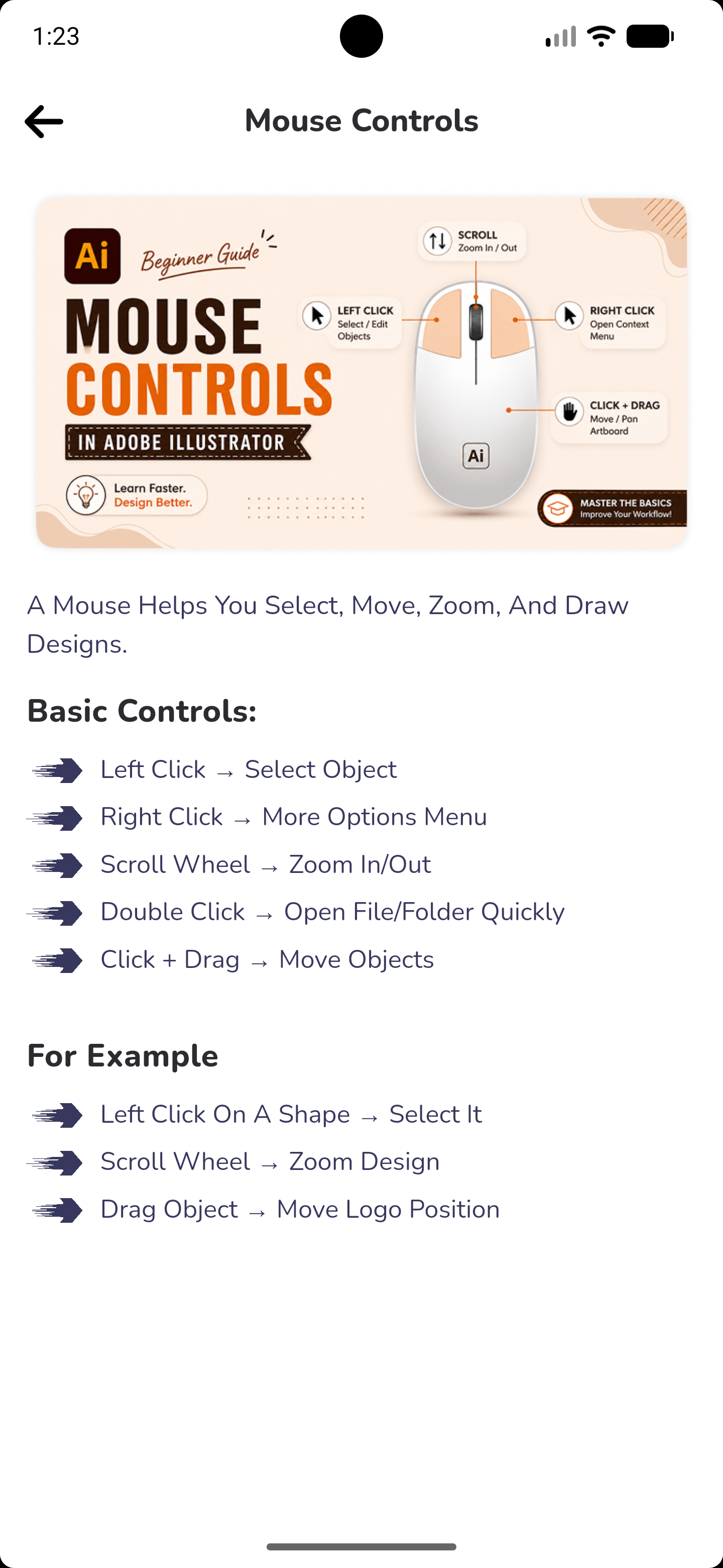 Illustrator Guide lesson screen explaining mouse controls in Adobe Illustrator