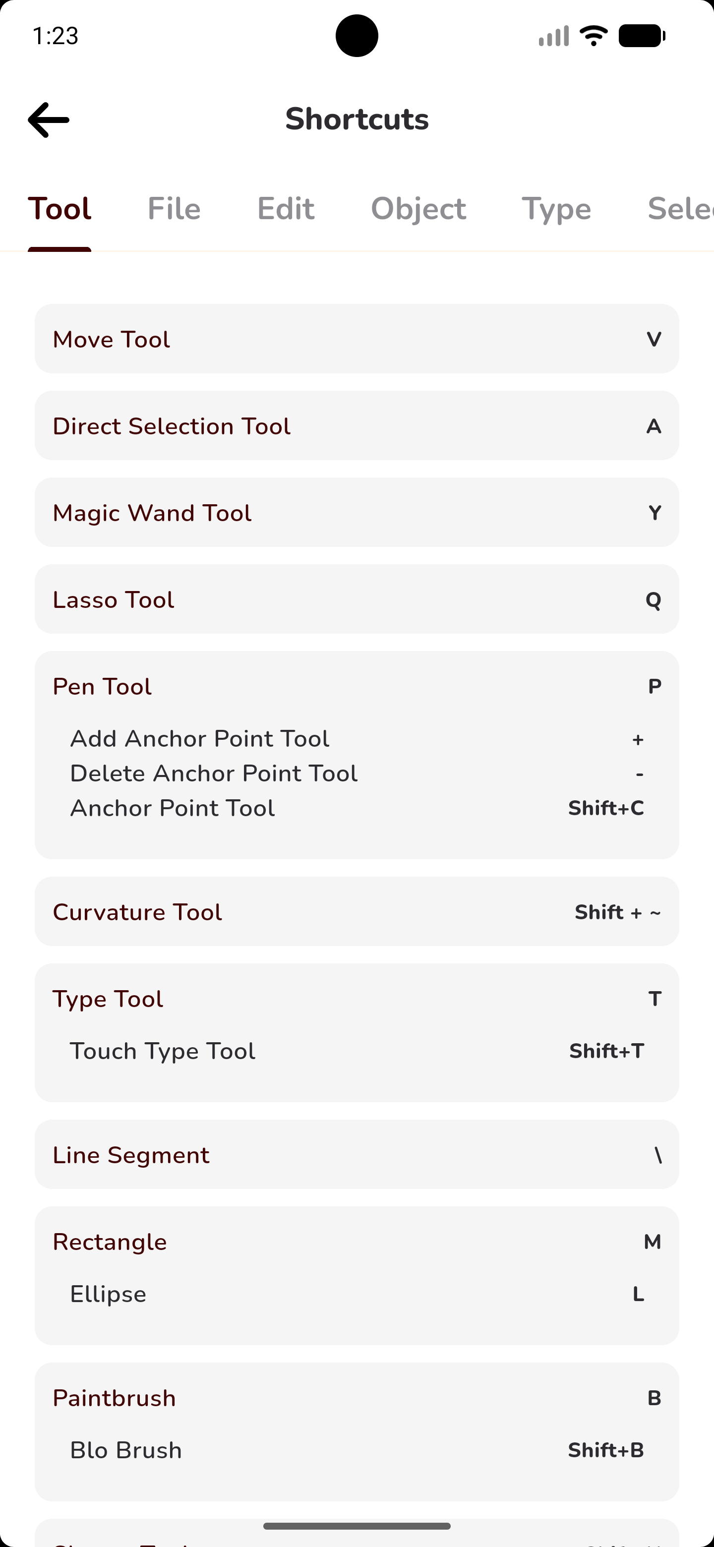 Illustrator Guide shortcuts screen with Tool, File, Edit and Object categories